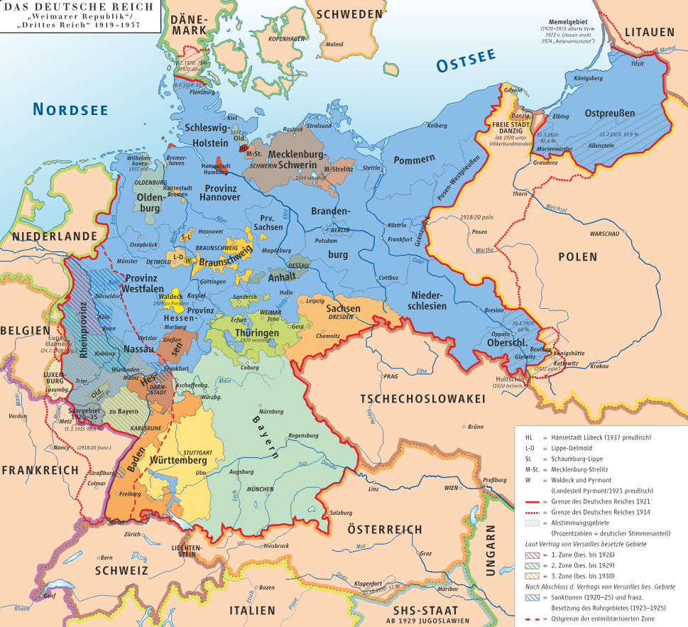 A map of Weimar Germany, including the German States