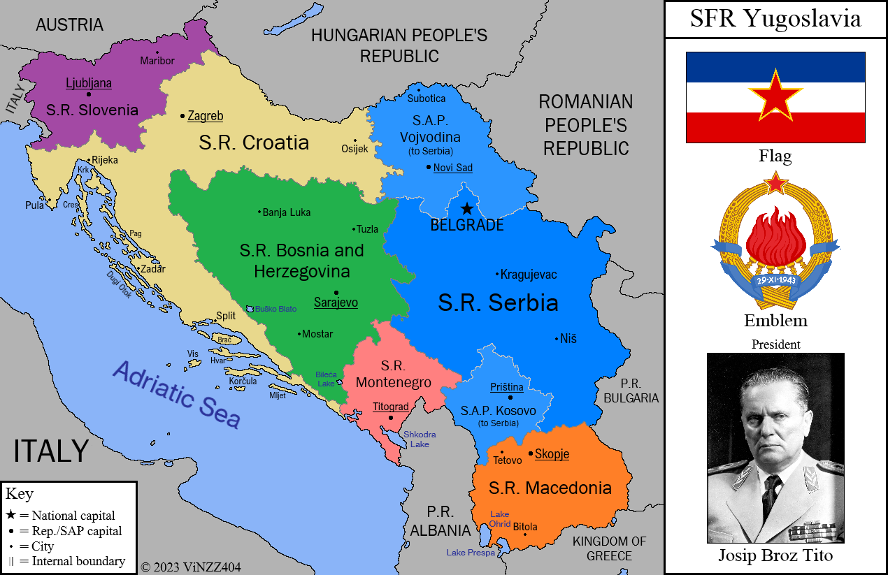 A map of Yugoslavia, showing the SRs and SAPs
